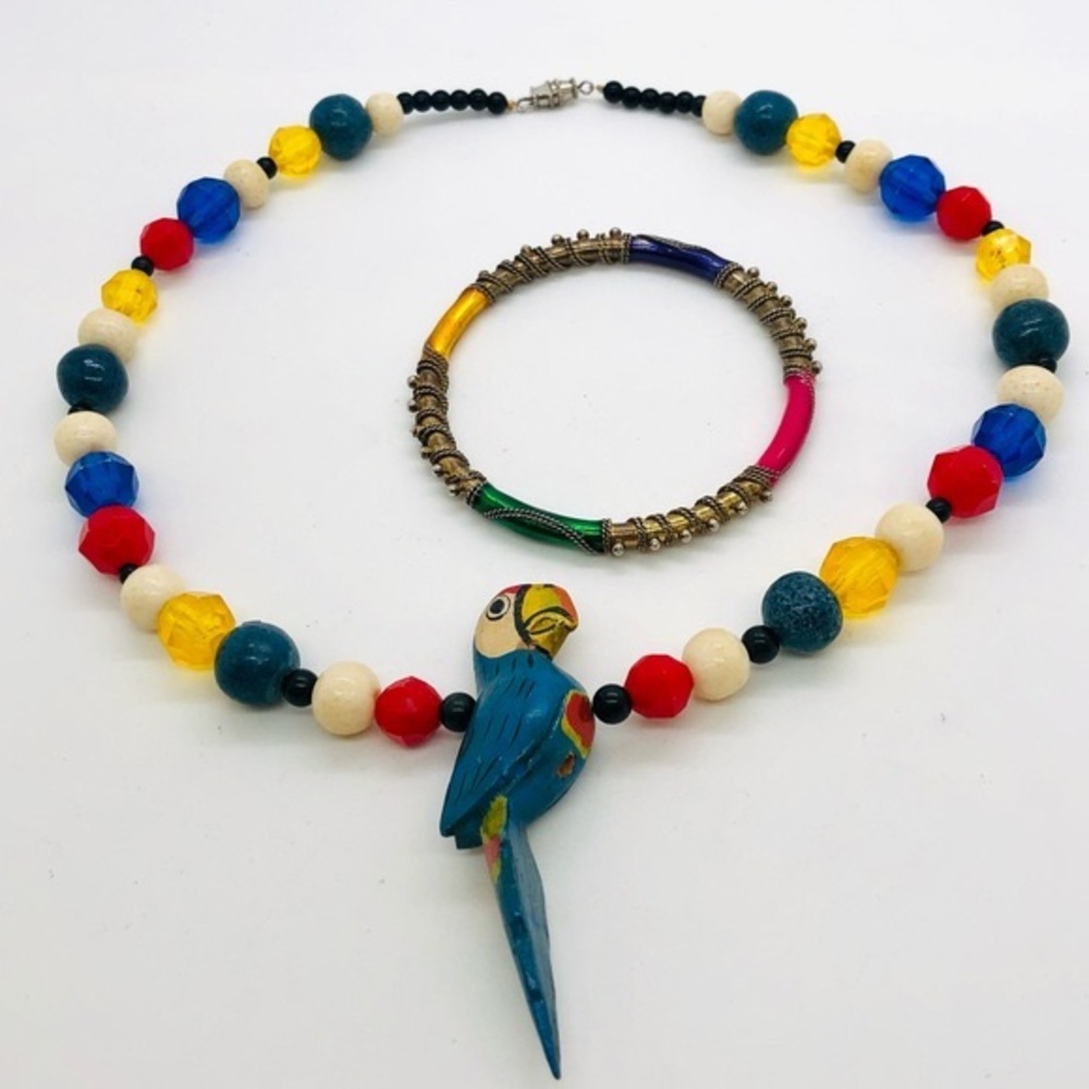 Vintage Unique Colorful Parrot Necklace & Bangle Bracelet